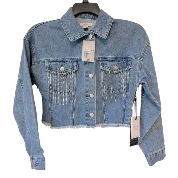 Forever 21 Light Blue Fringe Hem Denim Jacket with Rhinestones-Small - Picture 1 of 7